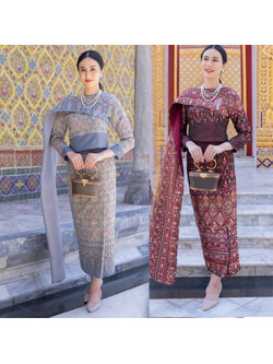 kudapy ชุดผ้าไหมทอลายสีแดง สีเทา ชุดออกงาน ไปวัด ทำบุญ - รุ่นละอองดาว แต่งสไบ