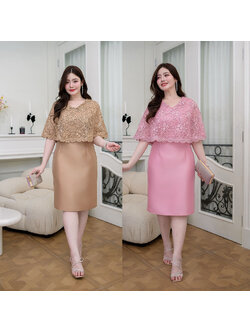 kudapy เดรสผ้าไหมด้านบนดีไซน์คุลมไหล่คลุมต้นแขนด้วยผ้าลูกไม้ผืนใหญ่ ผ้าลูกไม้ใยบวบปักดอกแน่นสวย