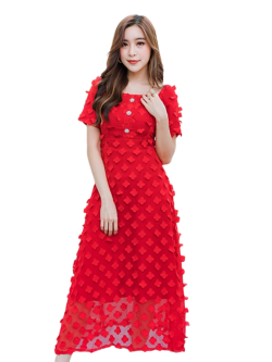 เดรสยาวสีแดงสด พิมพ์ลายดอกจิก ทรงระบาย ซิบหลังแย่างดี S