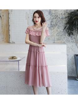 ชุดเดรสยาวคลุมเข่าสีชมพูกลีบบัว ผ้าชีฟองเนื้อดีแต่งระบายแขน ผ้าทิ้งตัวสวย ตัวเนื้อผ้ามีลายย่นในตัว XL 2Xl