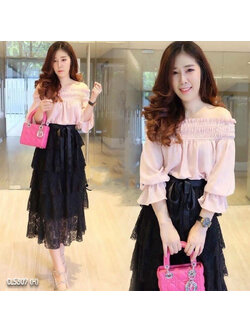 kudapy เซ็ต 2 ชิ้น เสื้อเปิดไหล่ แขนศอกจั๊มแฟชั่นเก๋ๆ จับมามิกซ์แอนแมทซ์กับกระโปรงลูกไม้แต่งเป็นชั้นๆ