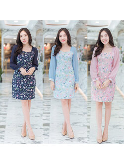 kudapy เดรสสั้นแขนชีฟองจั้มปลาย สีชมพู/สีฟ้า/สีกรม แขนยาวลายดอกไม้ใส่สบายสวยดูดี