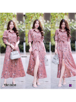 kudapy เดรสเชิ้ตยาวสีชมพู กระดุมผ่าหน้าลายดอกไม้