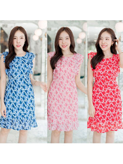 kudapy เดรสสั้นสีแดง/สีชมพุ/สีฟ้า แขนกุดระบายลายหัวใจ