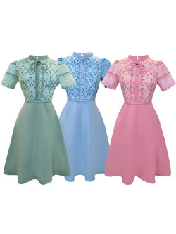 kudapy เดรสสั้นสีฟ้า/สีชมพู/สีเขียว เสื้อลายผ้าทอผูกโบว์กระโปรงเรียบ