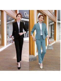 kudapy ชุดสูททำงานสีดำ/สีฟ้า ปกป้านแต่งกระดุมคู่พร้อมกางเกง