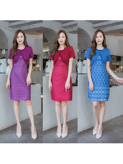 kudapy เดรสสั้นสีแดง/สีม่วง/สีฟ้า กระโปรงผ้าไทยท่อนบนสีพื้น