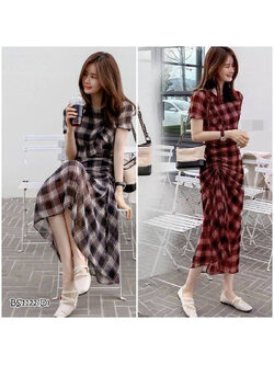 kudapyเดรสยาวสีดำ/แดงลายสก็อต แขนบาบี้ปลายแขนจั้มยาง งานผ้าไหมอิตาลี่นิ่มระบายอากาศได้ดี