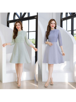 kudapy เดรสลูกไม้แขนห้าส่วน ตัดต่อกระโปรงผ้าพื้น สวยเรียบหรู ดูแพง สวยแบบลุคคุณหนูผู้ดี ช่วงคอจับจีบ