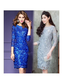 kudapy เดรสสั้นลูกไม้สีน้ำเงิน สีเทา คอกลม แขนยาวสามส่วน ทรงเอ ซิปหลังอย่างดี