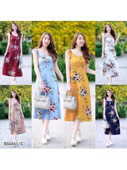 kudapyดรสยาวสีขาว/นุ้ด/แดง/ชมพู/กรมท่า ระบาย ติดกระดุมอก เนื้อผ้าหางกระรอกพิมลายดอกไม้ เอวยืดสม็อคหลัง มีซับใน