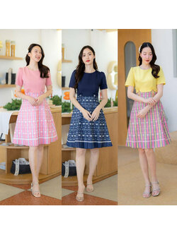kudapy เดรสสั้นสีเหลือง สีชมพู สีกรม สีฟ้า ผ้าไทยลายหัวใจแต่งโบว์เอว