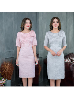 kudapy เดรสสั้นสีโอรส/สีเทา งานผสมผสานสองเนื้อผ้าและดีไซน์สวยหรุหรา ช่วงกระโปรงเป็นงานผ้า Jacquard ช่วงบนเป็นผ้า silk เนื้อเบานิ่มเงาเย็บ