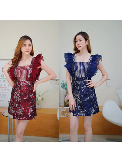 kudapy จั้มสูทขาสั้นสีแดง/สีกรม ป้ายหน้าผ้าทอระบายแขนลูกไม้