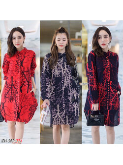 kudapy เดรสสั้นสีแดง/สีกรม/สีดำ เชิ้ตคอจีน แขนยาว กระดุมหน้า เนื้ผผ้าฝ้ายลายต้นไม้