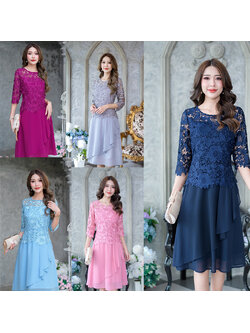 kudapy เดรสสั้นสีชมพูม่วงเข้ม/ชมพู/สีฟ้า/สีเทา/สีกรม ลูกไม้แสนสวยดีไซน์หวาน ตัดเย็บด้วยผ้าลูกไม้เนื้อเงาทอเนื้อแน่นหนาคัดเกรดอย่างดี