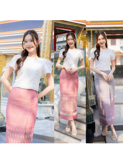 kudapy เซ็ทลิซ่าผ้าถุงลายไทยสีเทา/สีชมพู ใส่ออกงาน ใส่ไปวัด งานบุญ สวยดูดี