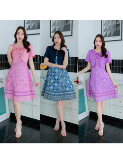 kudapy เดรสสั้นสีม่วง/สีชมพู/สีกรม ผ้าทอลายไทยเสื้อกระดุมโบว์