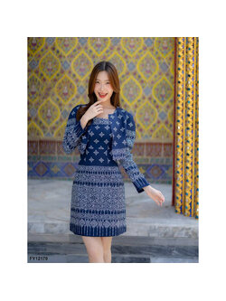 kudapy เซ็ทสีกรม เสื้อคลุมแขนยาวลายไทย+ชุดเดรสสั้นแขนกุดผ้าลายไทยสวยดูดี