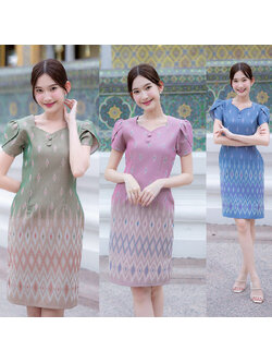 kudapy เดรสสั้นสีฟ้า/สีครีม/สีชมพู ผ้าทอแขนกลีบบัว ผ้าลายไทย ใส่ออกงานสวยดูดี