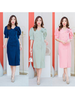 kudapy เดรสยาวสีเขียว/สีชมพู/สีกรม แขนตุ๊กตาดอกไม้ติดไหล่ สวยดูดีเรียบร้อย