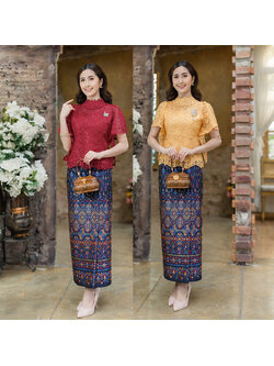 kudapy เสื้อลูกไม้พรีเมี่ยมสวยแดง / ทอง ผ้าลูกไม้ 3 มิติดอกนูน มีชิปซ่อนหลัง แขนดีไซค์เก๋ ปักเลี่ยมสวยงาม (เฉพาะเสื้อ 1890) ทั้งชุด 3990 ส่งฟรี