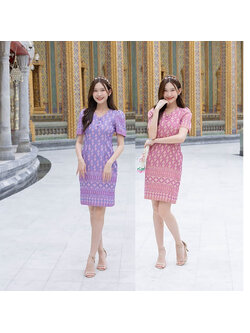kudapy เดรสสั้นสีชมพู/สีม่วง ผ้าไทยทรงสอบกระดุม3เม็ด