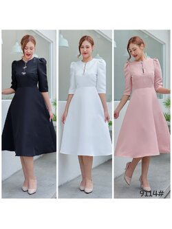 kudapy เดรสสัน ออกงาน ทรงสุภาพ มีเข็มกลัด3ชิ้น คัตติ้งเริศแบบอลัง เข้ารูป เก็บทรง กระโปรงบาน