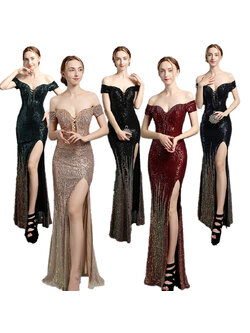 kudapy เดรสยาวทรงหางปลาสีน้ำเงินกรมท่า,สีดำ,สีเขียว,สีทอง,สีแดง ใส่ออกงาน ดีไซน์เกาะแขนเนื้อผ้าปักเลื่อม ชายกระโปรงไล่สีสวยงาม เนื้อผ้ายืดตามตัวใส่สวย เรียบหรู