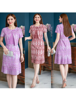 kudapy เดรสผ้าโพลีเอสเตอร์ งานพิมพ์ลาย กั๊กแต่งกระดุม ส่วนกระโปรงอัดพลีทเป็นจีบ ทรงสวย