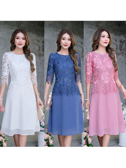 kudapy เดรสสั้นสสีคราม/สีชมพู/สีขาว ลูกไม้เงาคัดเกรดผ้าสวยลายแน่นคะ ดีไซน์สวยดูแพง