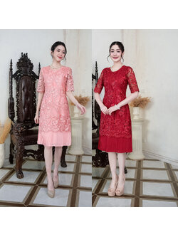 kudapy เดรสสั้นสีแดง/สีชมพุโอรส ผ้าลูกไม้เงาแต่งเลื่อมทั้งชุด สวยเนื้อผ้าดีมาก มีซับในทั้งชุดซิปหลัง