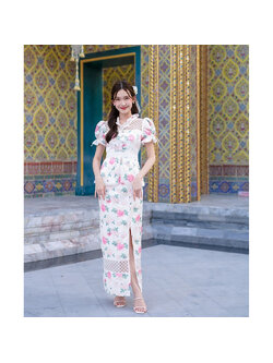 kudapy เดรสยาวสีขาว ลายดอกแต่งไหล่ชีฟอง ชุดทำงาน