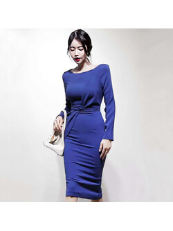 kudapy เดรสสั้นใส่ออกงานสีน้ำเงิน ทรงสอบ แขนยาว แนวเรียบๆ ลุคเรียบร้อยจับจีบด้านหน้าตามแบบ