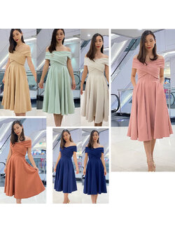 kudapy เดรสสั้นสีชมพู ครีม คาราเมล เขียวมิ้นต์ กรม ชาไทย สไตล์เกาหลี เปิดบ่าไขว้อกใหญ่ กระโปรงบาน