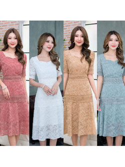 kudapy เดรสสั้นสีขาว/น้ำตาล/ชมพูปูน/เทาอมเขียว ดีเทลแต่งลูกไม้คาดช่วงเอวและสะโพก ปลายแขนแต่งจั้มสวยหวานน่ารักมากๆ