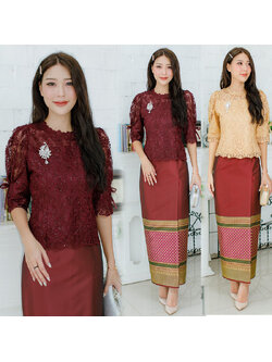 kudapy เสื้อลูกไม้ใยบวบสีแดง/สีทอง พรีเมี่ยมลูกไม้นำเข้า แขนดีไซน์เก๋มากมีโบว์ติด ทรงออกแบบทันสมัย (เฉพาะเสื้อ)