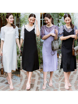 kudapyเซ็ทเสื้อผ้าแก้ว+เดรสสีครีม/ม่วง/ดำ/เทา เป็นการแมชที่ลงตัวค่ะ เสื้อแขนพองตุ๊กตา ผ้าแก้ว