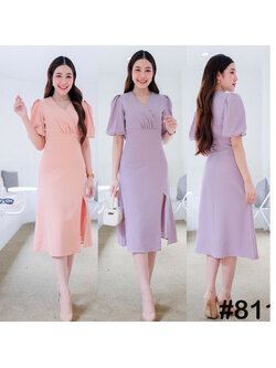 kudapy เดรสสั้นสีส้มโอรส/สีม่วง คอวีแขนสั้น เกาหลีมินิมอลสุดๆ เน้นเอวคอดใส่ผอมสวย กระโปรงฟรีสะโพกผ่าหน้า พริ้วๆทิ้งตัว