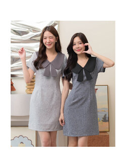 kudapy เดรสทรงเอแขนสั้น เนื้อผ้าทวีดมีกิมมิคลายทอ ตัดต่อเล่นสีคอปก แต่งชายโบว์ที่คอเพิ่มความน่ารัก