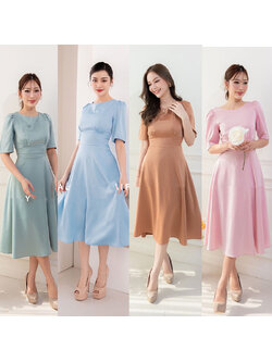 kudapy เดรสสั้นสีเขียว/สีน้ำตาล/สีฟ้า/สีชมพู กระโปรงบาน แขนสั้น ทรงรุ่นนี้ใส่แล้วสวยหวาน