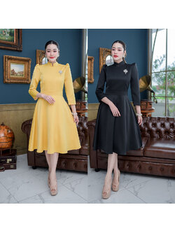 kudapy เดรสสั้นสีดำ/สีทอง ชุดไทยจิตรลดา ทรงแขนห้าส่วน ผ้าอัดกาวให้แล้วทั้งชุด เนื้อผ้านิ่มใส่สบาย เดรสความยาวคลุมเข่าใส่สวยสุภาพ