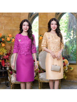 kudapy เดรสสั้นสีบานเย็น/สีเหลืองทอง ผ้าไหมคลุมลุกไม้แขนศอก เป็นลูกไม้เงาปักเลื่อมเป็นเลื่อมใส่เม็ดเล็กมาก เพิ่มประกายความหรูหราสวย