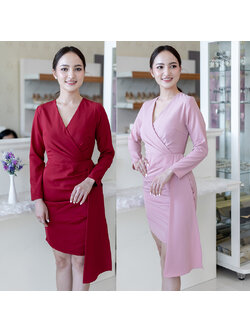 kudapy เดรสสั้นสีชมพู/สีแดง ไปงานแต่ง เข้ารูปทรงเอ แขนยาว กระโปรงแต่งจีบระบายข้าง