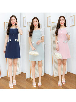 kudapy เดรสสั้นสีเขียว/สีชมพู/สีกรม คอเหลี่ยมแขนตุ๊กตาลายจุด