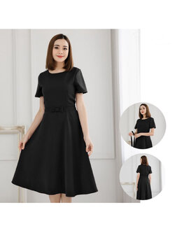 kudapy เดรสสั้นสีดำ ทรงบาน เสื้อคอกลม แขนสั้น มาพร้อมเข็มขัดโบว์ ทรงขายดี สวยสง่า สวยลงตัว ลุคนี้ดูแพงค่ะ เนื้อผ้าหนา ผ้าฮานาโกะ เนื้อดี