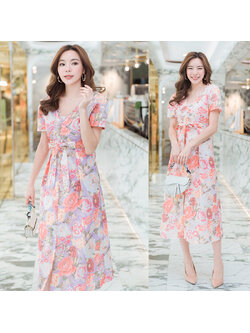 kudapy เดรสยาวสีม่วง/สีชมพู รัดเอวลายดอกไม้สวยดูดีผ้าใส่สบาย