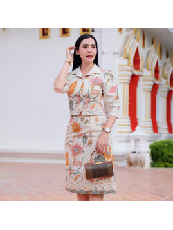 kudapy เซ็ทเสื้อ+กระโปรง ผ้าปาเต๊ะ คอปก เนื้อผ้า cotton พิมพ์ลาย สีไม่ตก ไม่หด นิ่มใส่สบาย อัดกาวทั้งชุด ใส่ได้หลายโอกาส