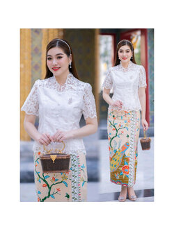 kudapy เสื้อลูกไม้สีขาว เป็นผ้าลูกไม้ปักทอเนื้อดี ซับในทั้งตัว (เฉพาะเสื้อ)