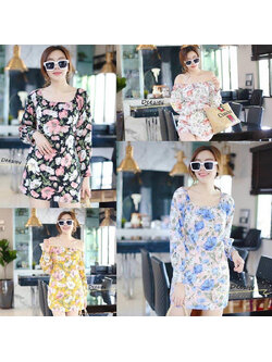 kudapy เดรสสั้นสีดำ,ฟ้า,เหลือง,ขาว ลายดอกใส่เปิดไหล่หรือคอเหลี่ยมก้ดูดีลายสวย